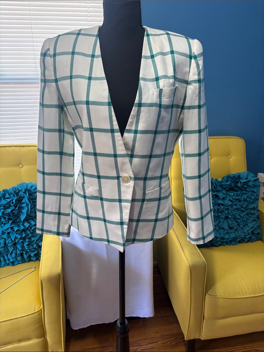Women’s Cream & Green Windowpane Blazer - Tailored Single-Button Jacket size  8